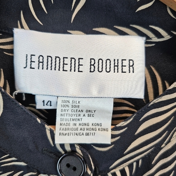 Jeannene Booher Silk Leaf Print Shirt Womens Sz 14 Black Button Up Split Hem - Picture 12 of 12